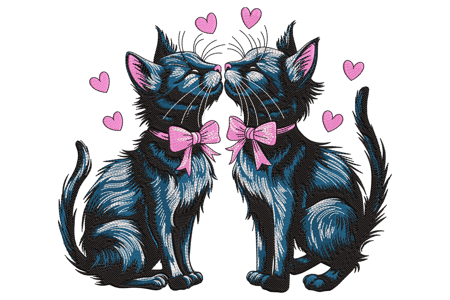 Twin black cats touching noses embroidery with pink bows and floating hearts, layered navy and black fur texture, white whisker highlights.