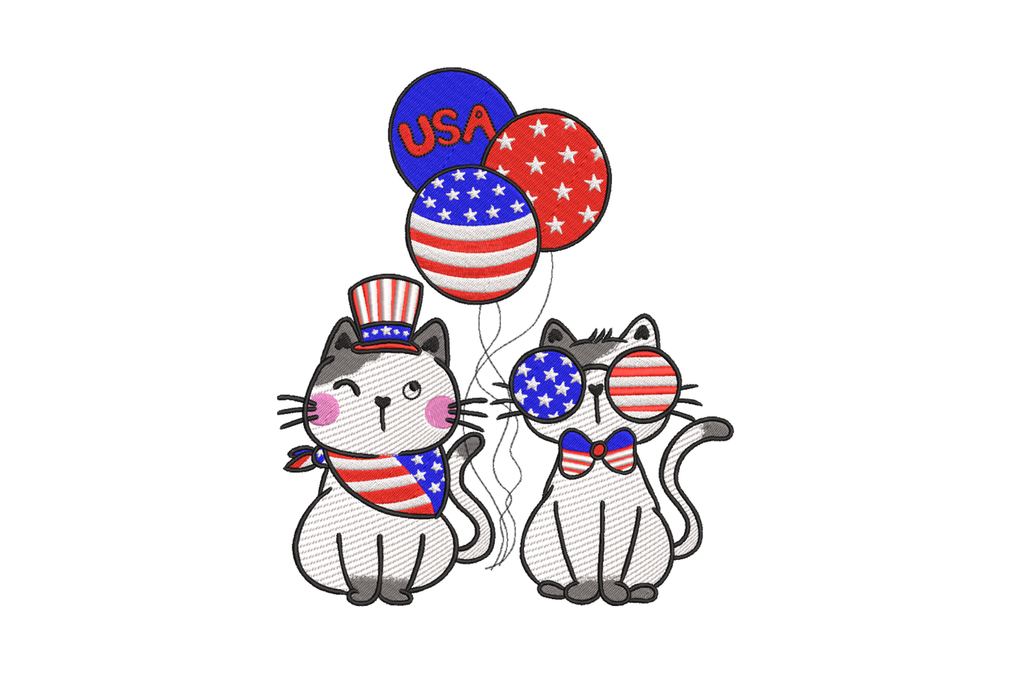 USA cats embroidery, two cartoon cats with Uncle Sam hat, flag bandana, star sunglasses and USA balloons in grey, red, blue.