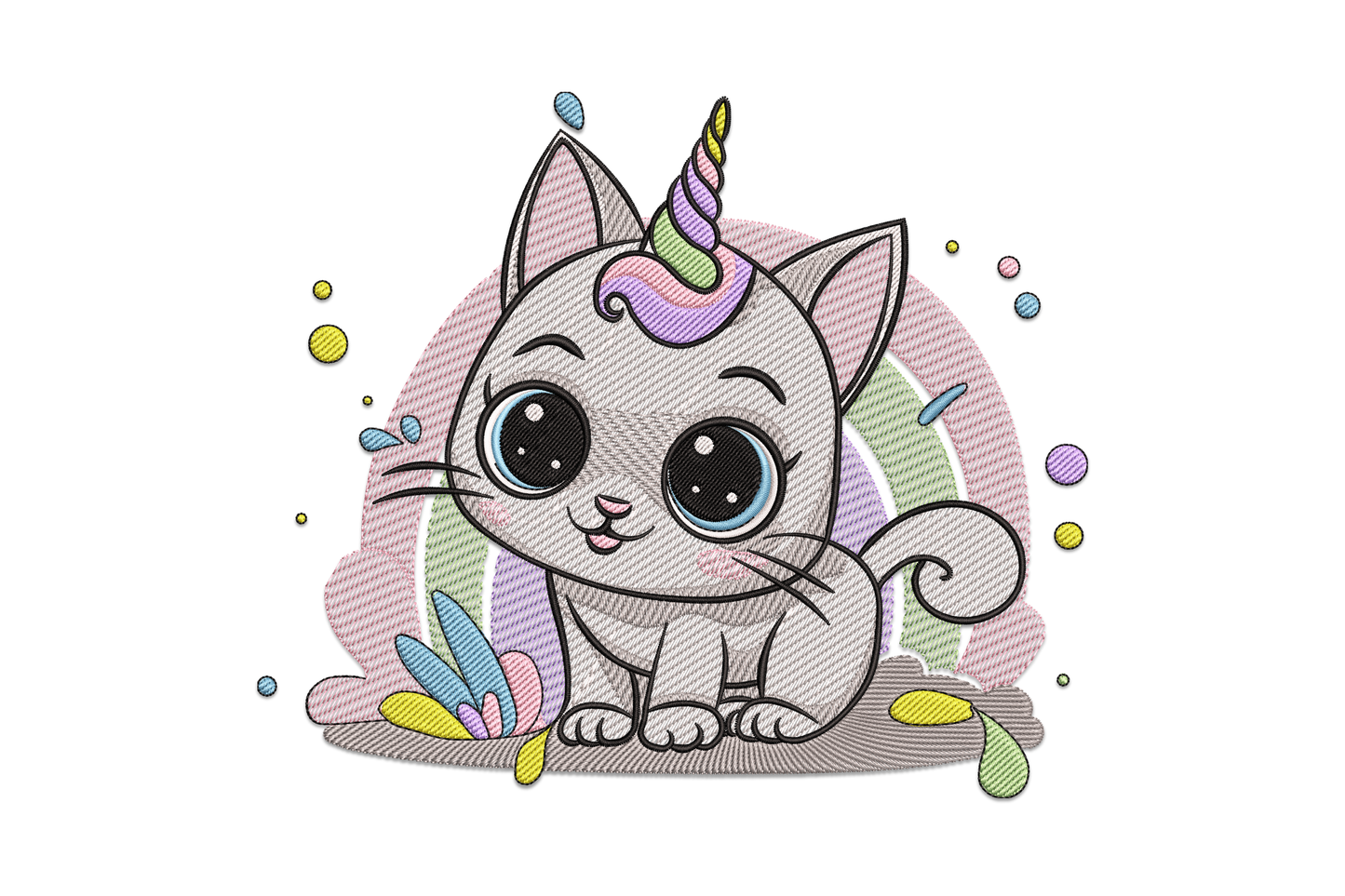 Cute unicorn cat embroidery design, chibi cat with unicorn horn, round eyes and pastel teardrop shapes in 8 colours.