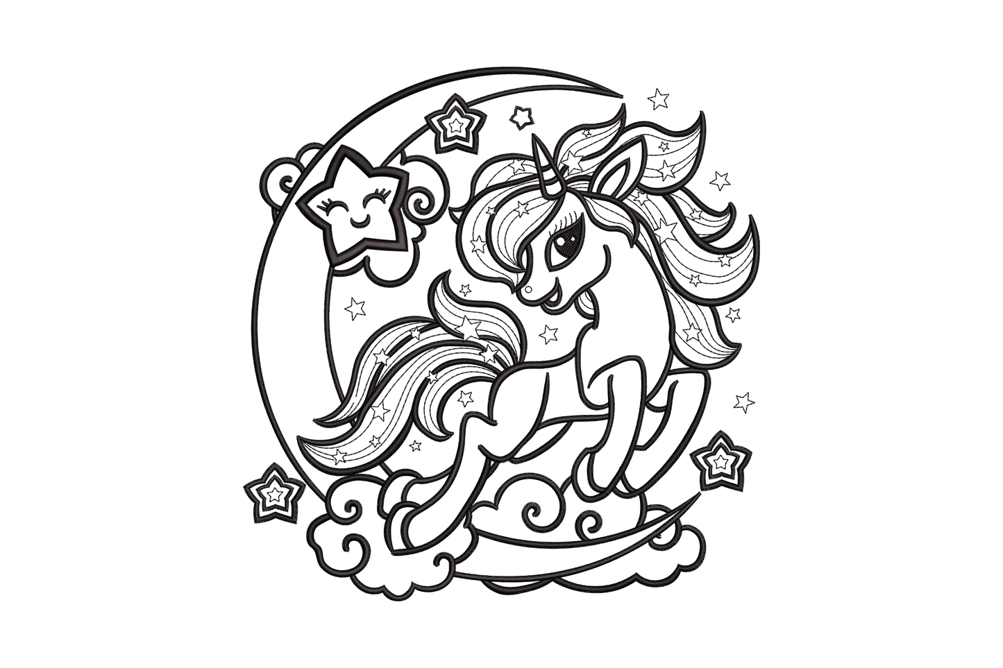 Unicorn on moon embroidery design with single-color outline showing a leaping unicorn on a crescent moon with stars and clouds