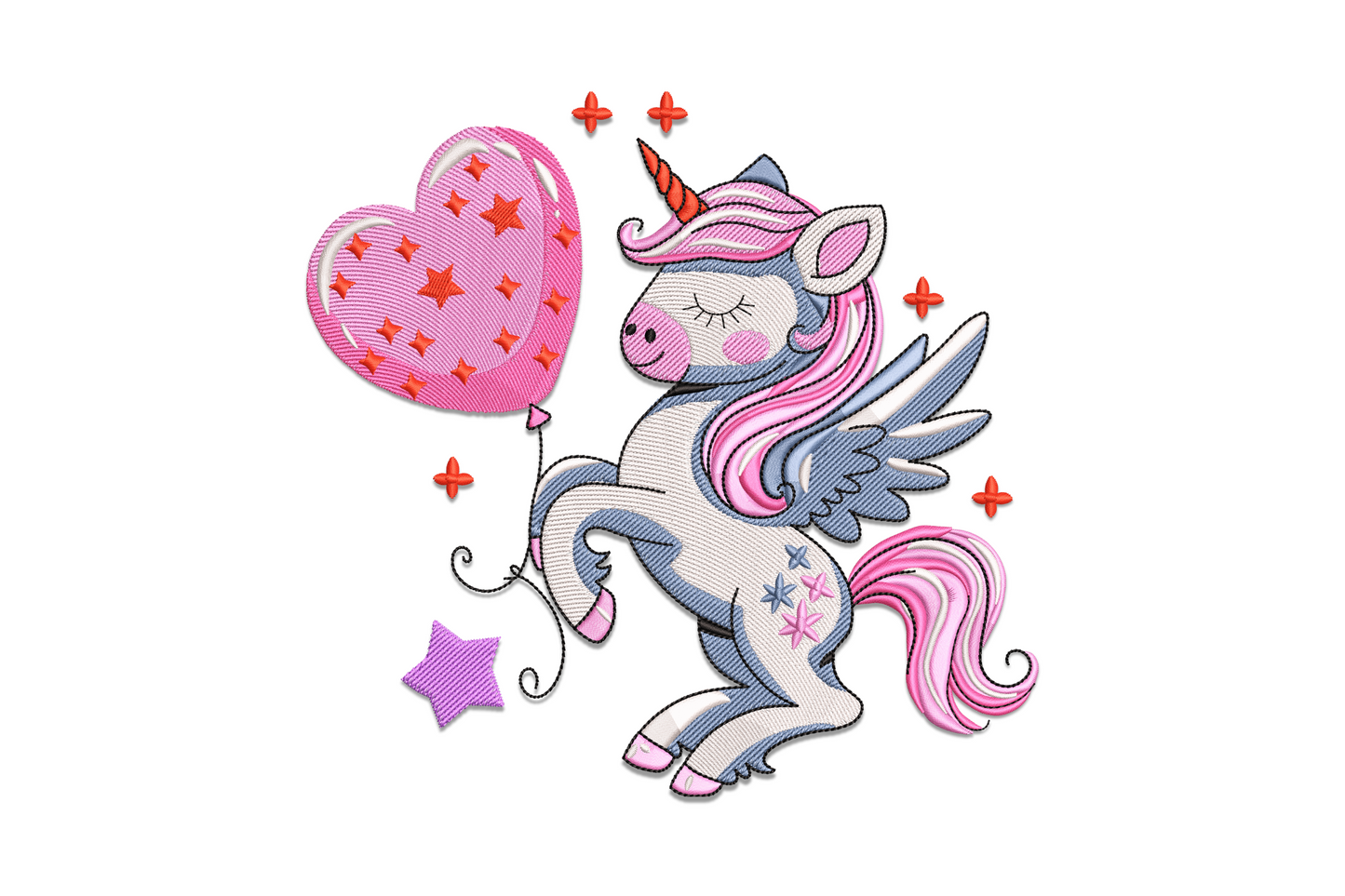 Winged unicorn embroidery rearing up, pink mane and tail, orange horn, pink heart balloon with red star details.