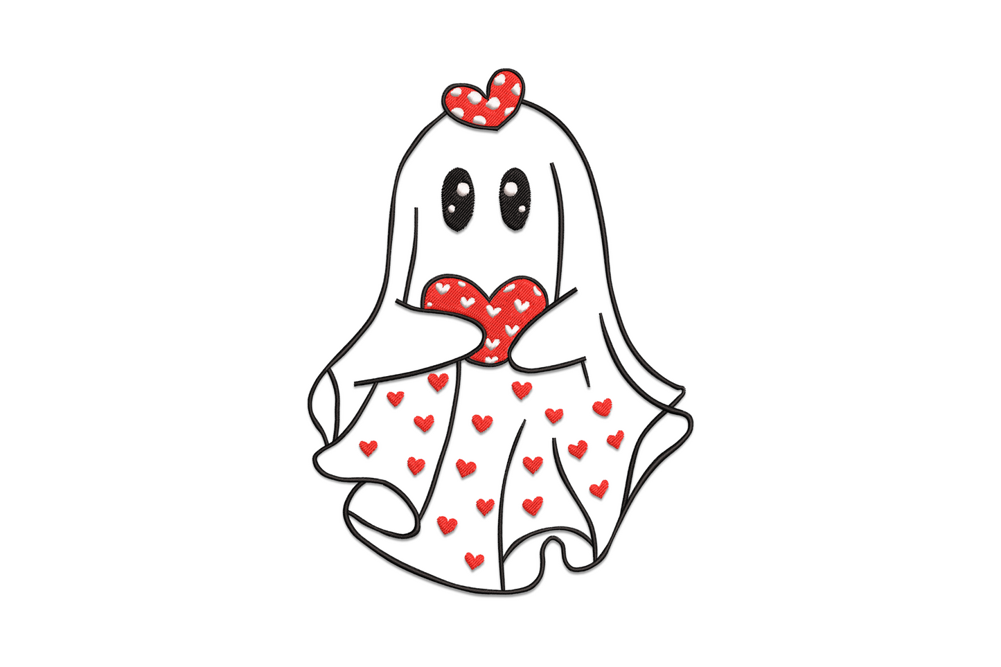 Cute valentine ghost embroidery design, 7 colour round cartoon ghost with heart eyes and rosy cheeks, love theme