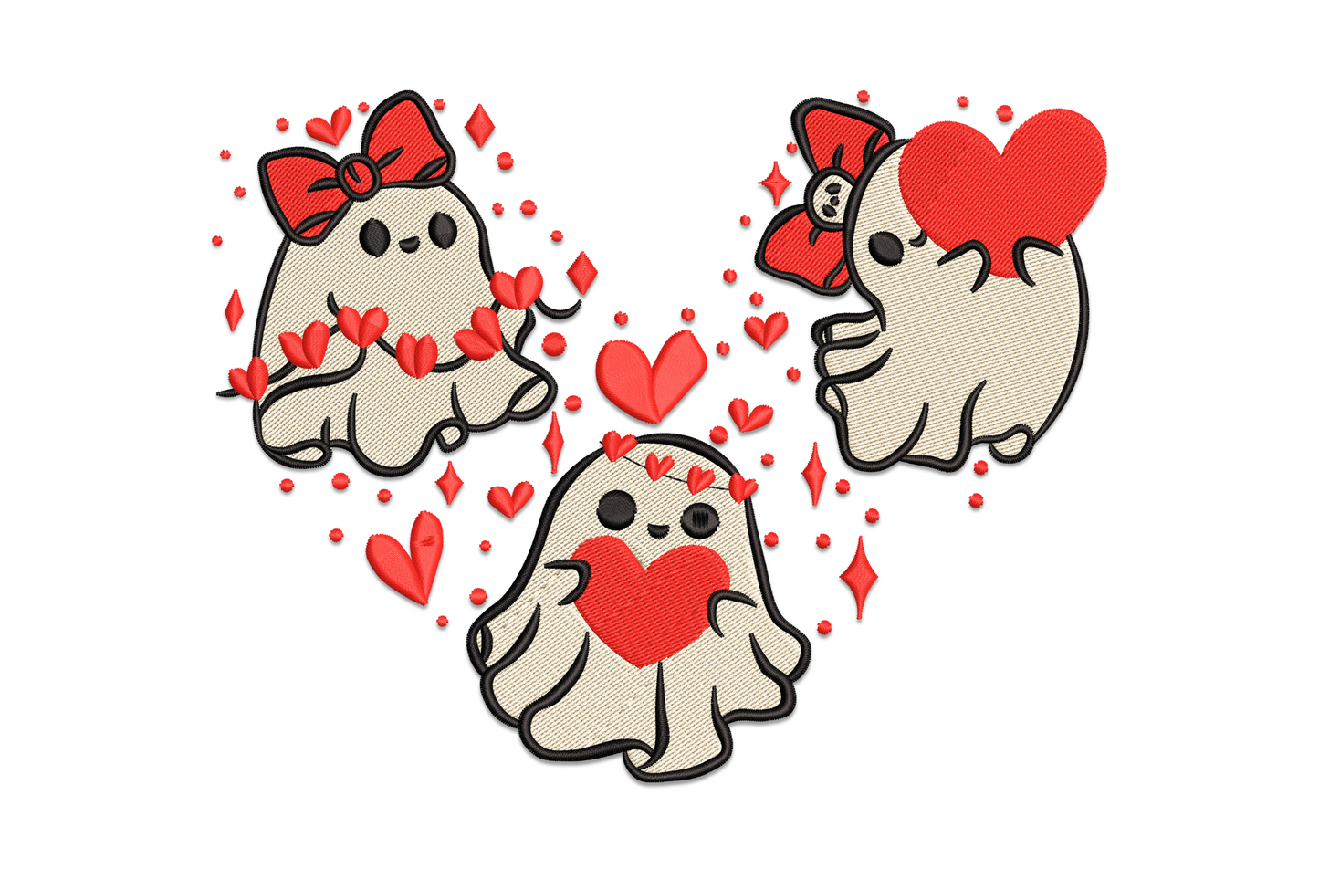 Valentine embroidery design with three white ghosts holding red hearts with red bows, arranged in a heart-shaped cluster