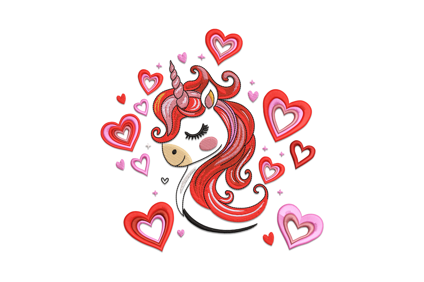 Valentine unicorn embroidery design, unicorn head with flowing red mane and floating hearts, 11 colours machine embroidery.