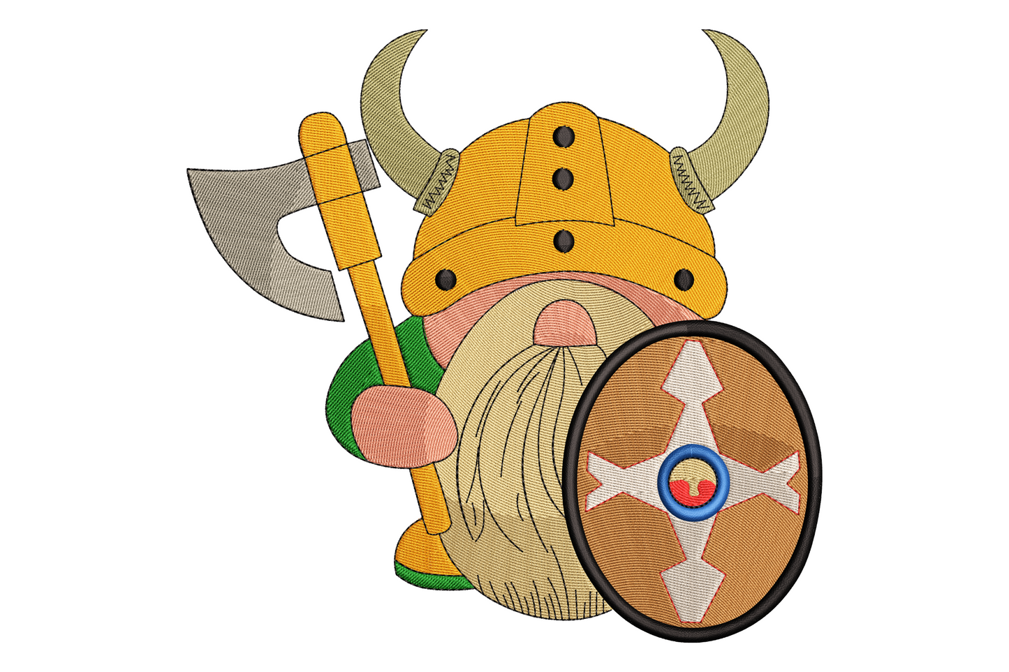 Viking gnome embroidery design with silver horned helmet, oversized chestnut beard, crimson cape, and tiny peeking eyes in a cute cartoon kawaii style on charcoal sweatshirt fabric