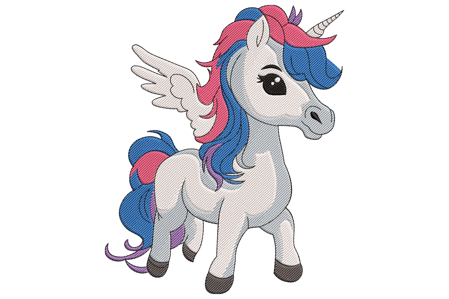 Cute winged unicorn embroidery with grey body, pink and blue mane, gold spiral horn, and small feathered wings.