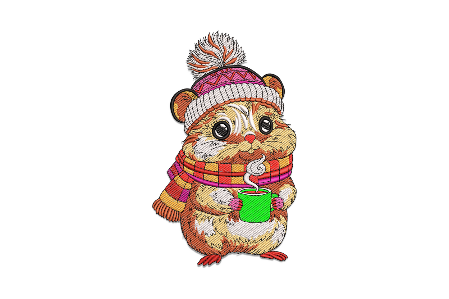 Cute winter hamster embroidery design, chubby hamster in seasonal winter accessories, fluffy animal in 10 colours for sweatshirts and totes