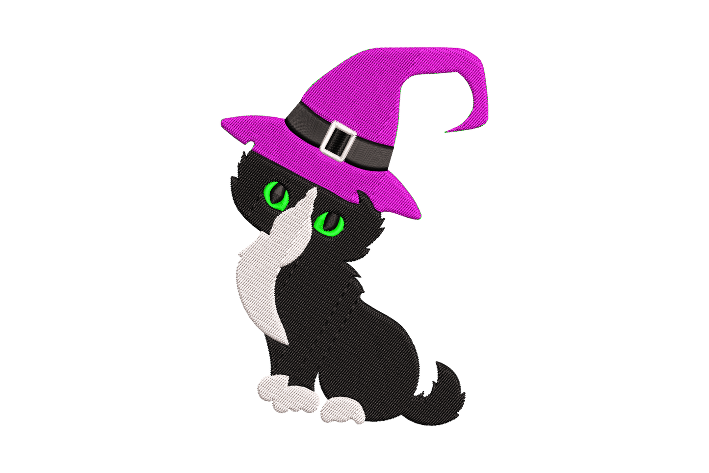 Witch cat embroidery design showing a black tuxedo cat in a dark magenta witch hat with green eyes, Halloween machine embroidery pattern, 4 sizes.