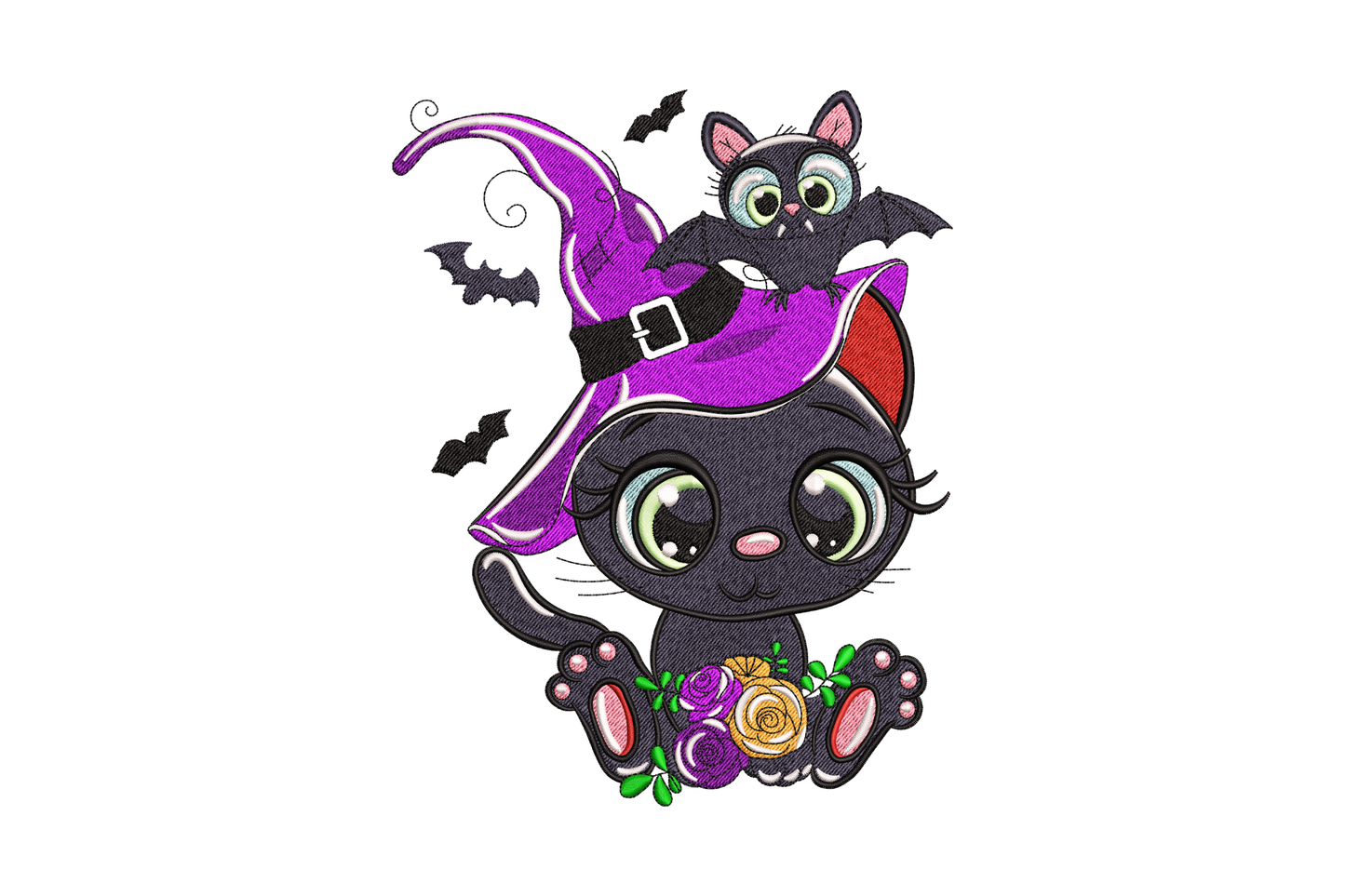 Round black kawaii witch cat with tall purple hat and small bat companion, lime green and gold accents, halloween embroidery.