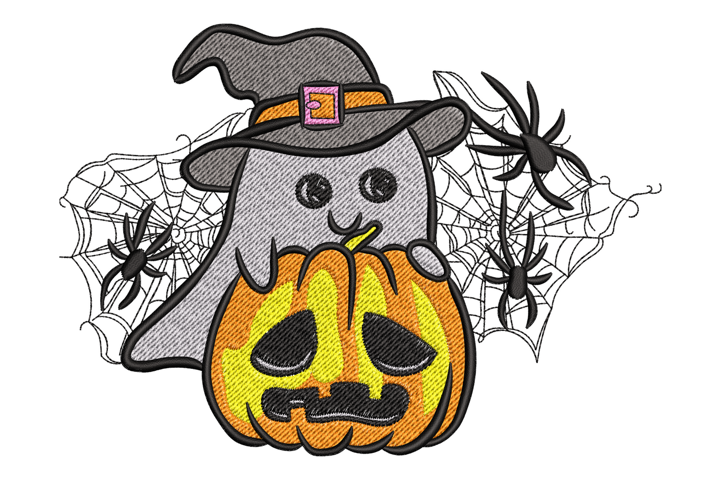 Kawaii ghost wearing witch hat holding jack-o-lantern Halloween embroidery design, white ghost with orange pumpkin, 5 sizes