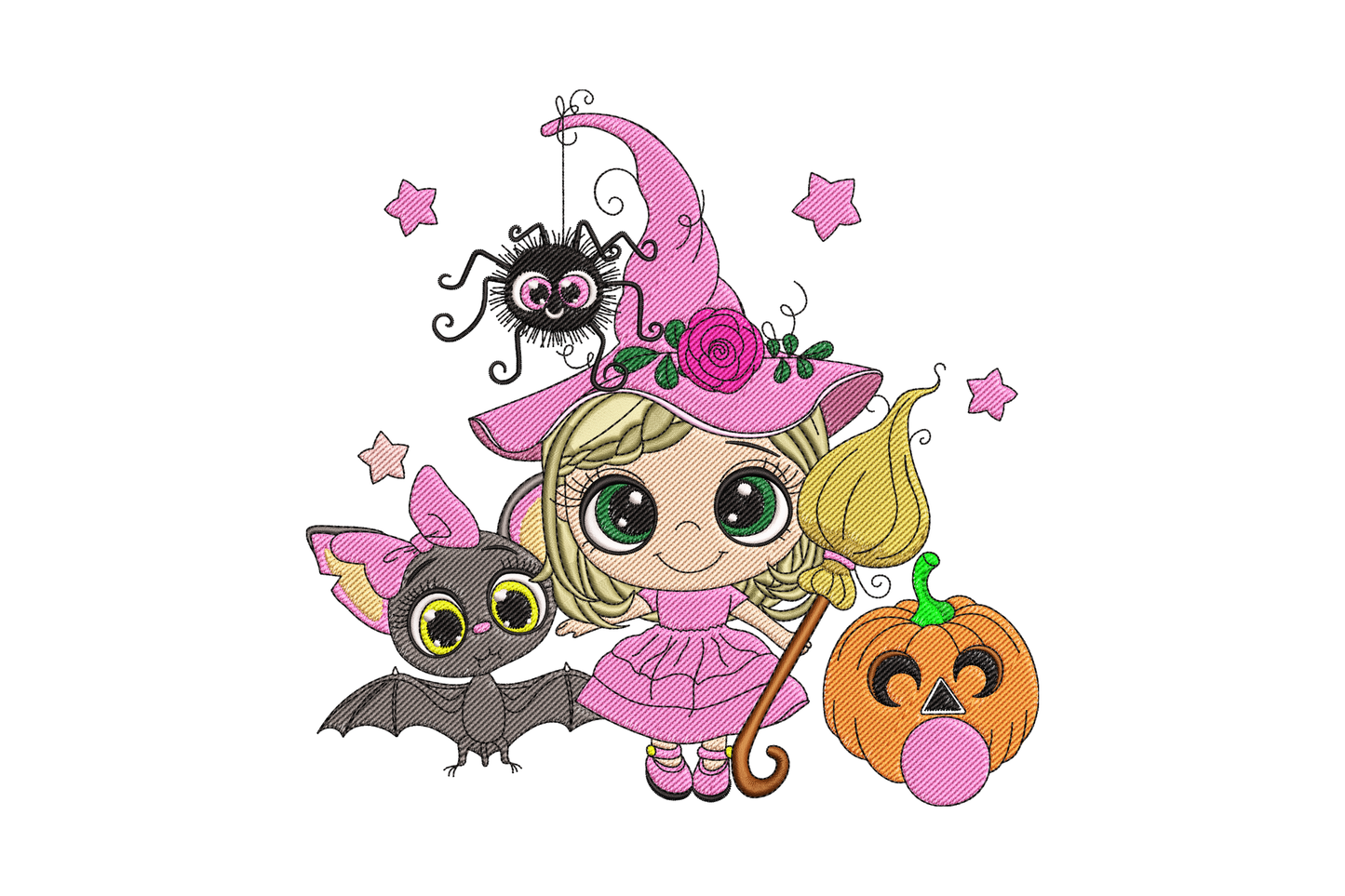 Cute chibi witch girl embroidery with tall pointed hat, rosy cheeks and pigtails in black and purple halloween colours.