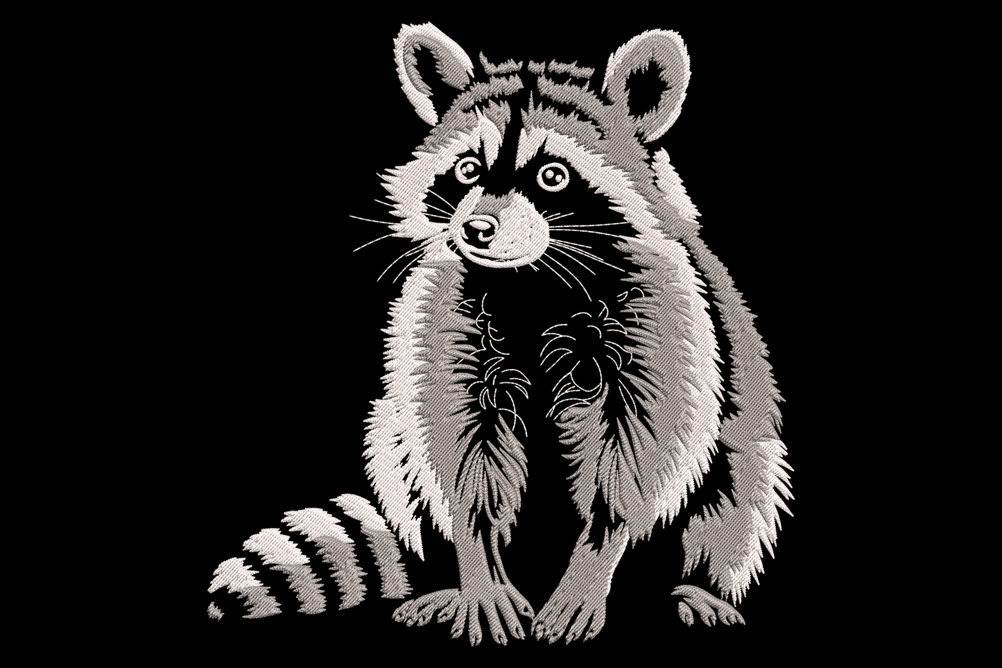 Realistic raccoon portrait embroidery design in charcoal and white with detailed fur texture, striped tail and bandit mask markings.