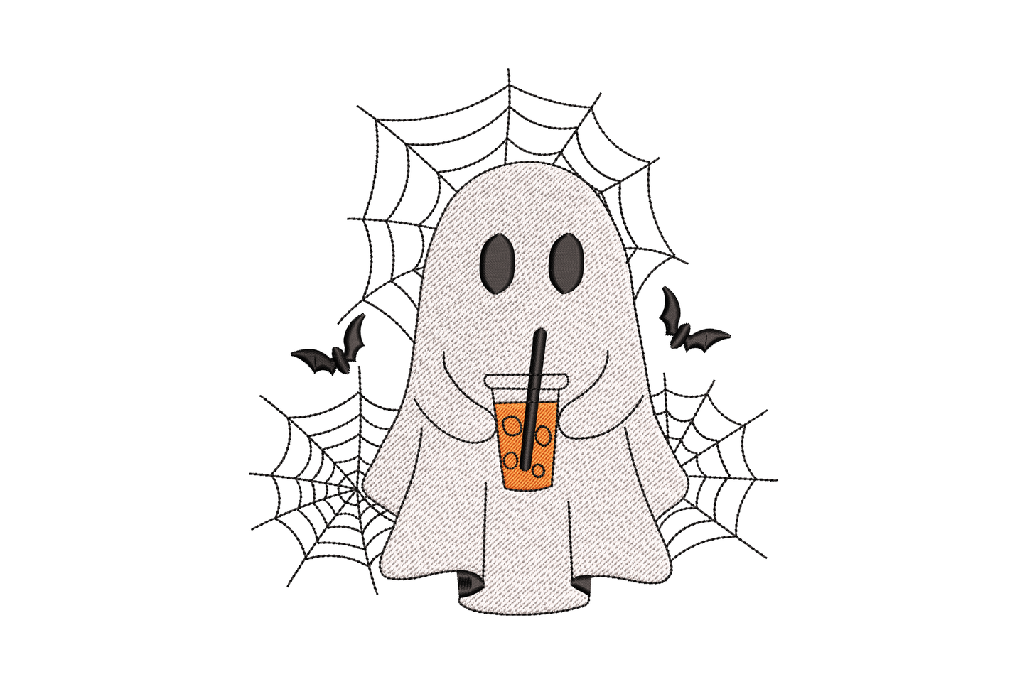 Cute ghost holding bubble tea halloween embroidery with round blobby body, tapioca pearls and straw in white, grey and brown.