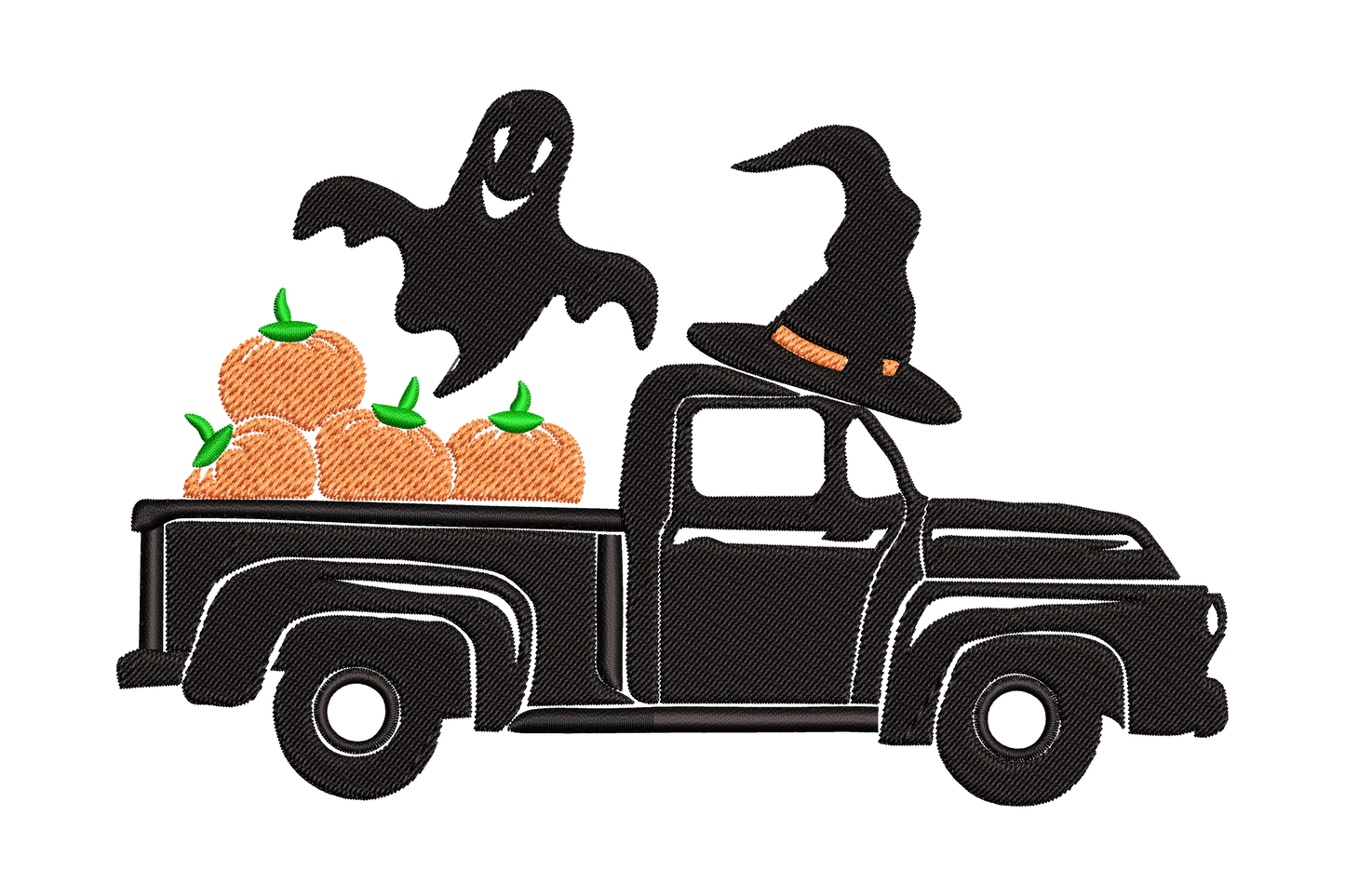 Halloween truck embroidery design, black vintage flatbed truck with orange pumpkins, floating ghost and witch hat, 3 colours