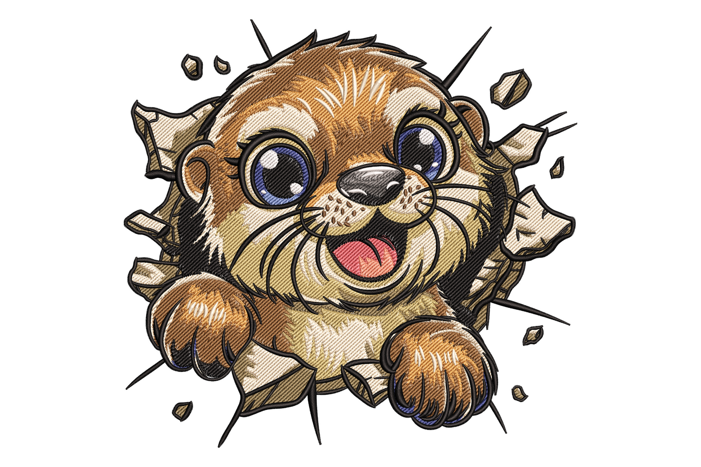 Kawaii cartoon otter bursting through a cracked stone wall, big blue eyes, brown fur and happy grin.