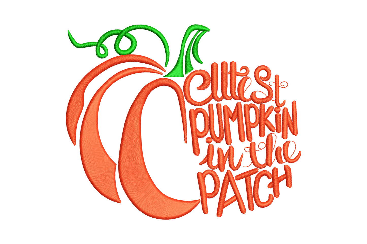 Cutest Pumpkin in the Patch embroidery, round cartoon pumpkin with curled stem and handwritten text in orange and sage.