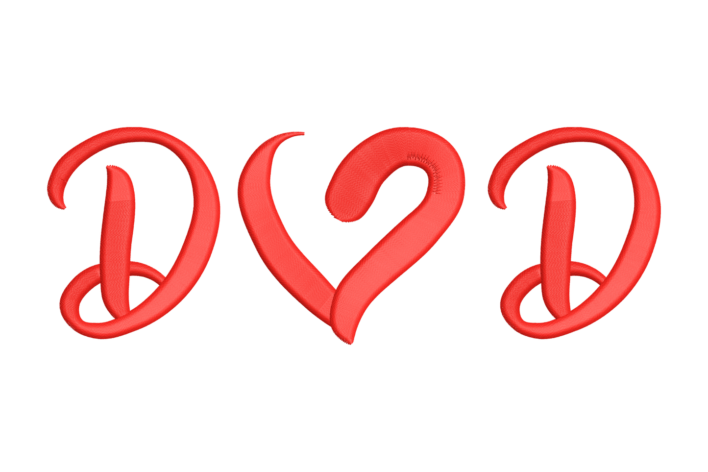 DAD love letter embroidery design with D-heart-D cursive script, heart replacing the A, single red thread