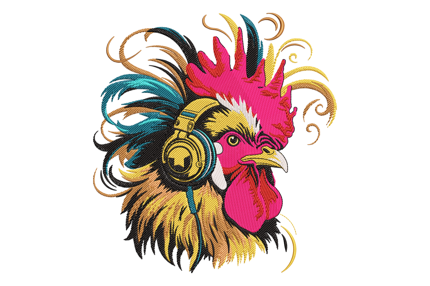 DJ rooster embroidery design portrait with gold headphones, hot pink comb and teal feathers on white background.