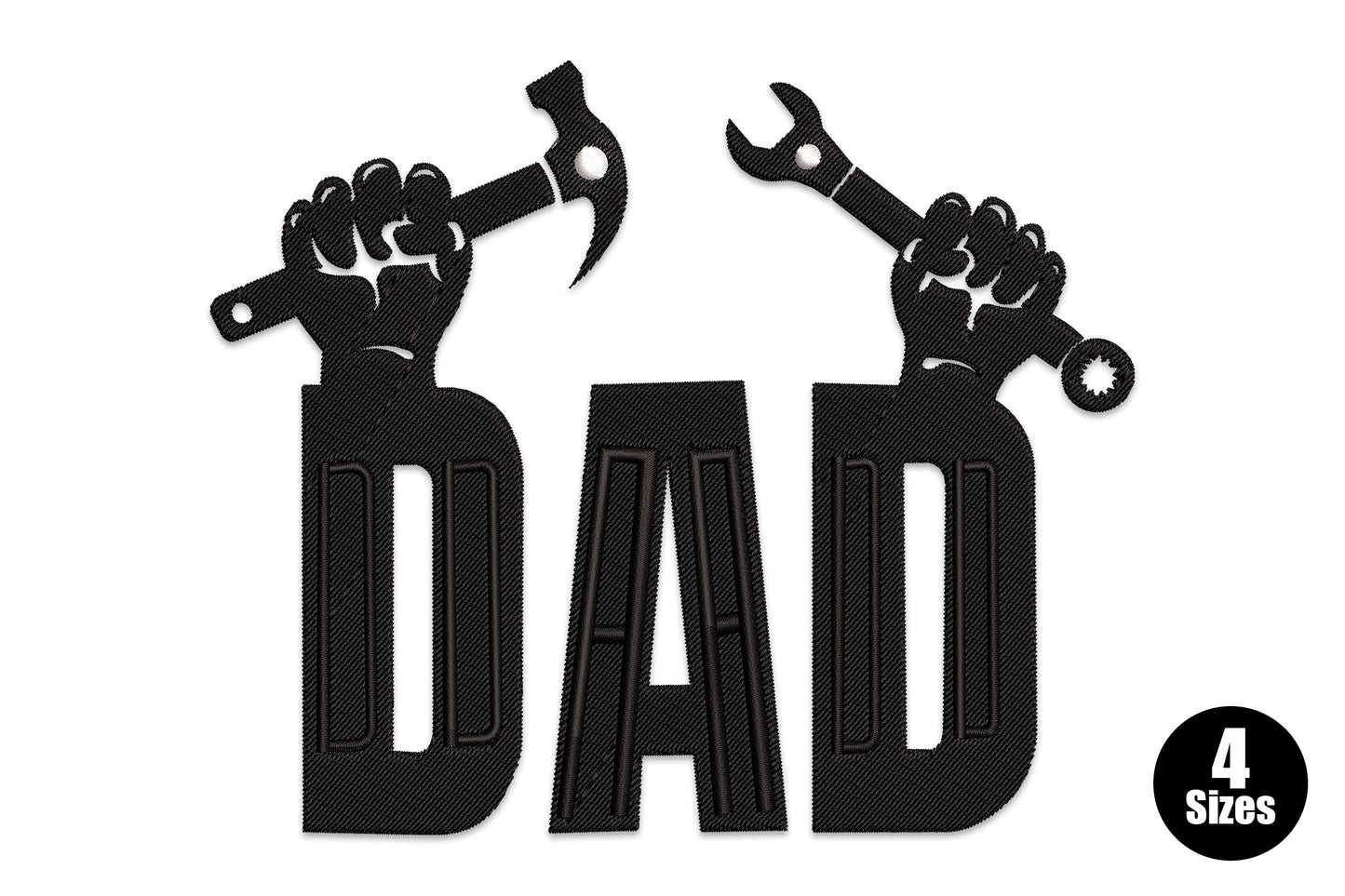 Dad tools embroidery with two raised fists holding hammer and wrench above bold black block DAD letters with white inner line detail.