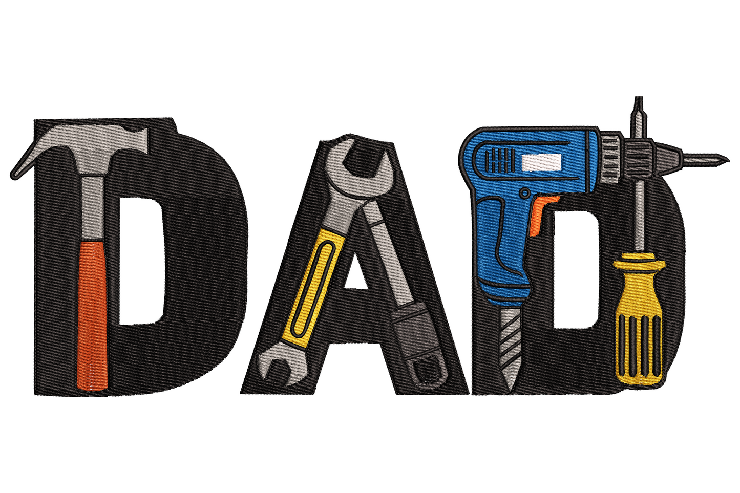 DAD text embroidery design with a claw hammer in the first letter, crossed spanner and ruler in the A, and a power drill with screwdriver in the last letter, all on solid black block letters.