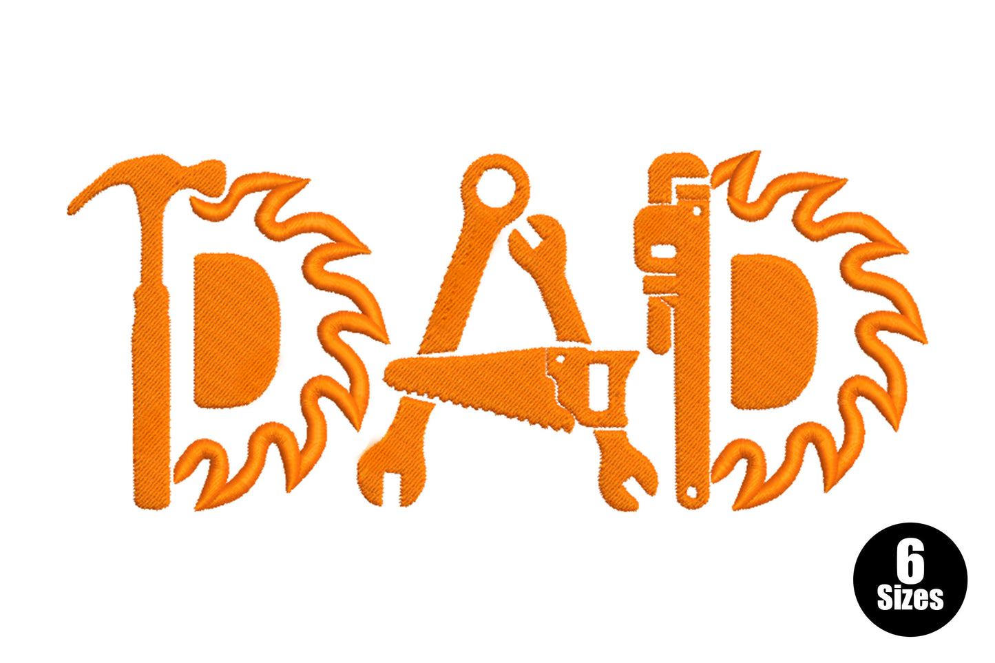 DAD lettering formed from a hammer, saw and wrench inside a circular saw-blade border, solid orange embroidery.