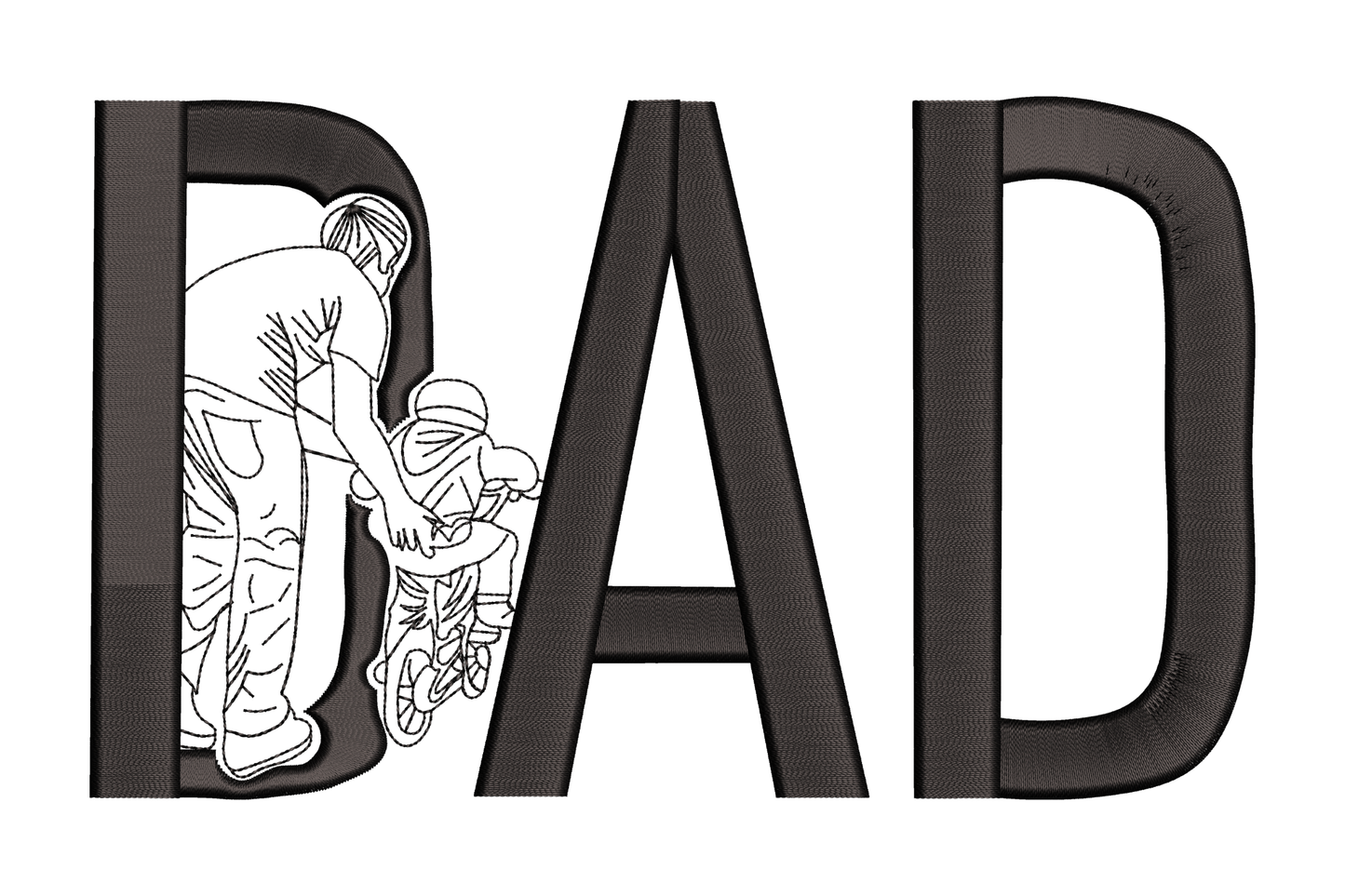 Dad and child embroidery design with a father teaching child to ride a bicycle silhouette inside the letter D of DAD