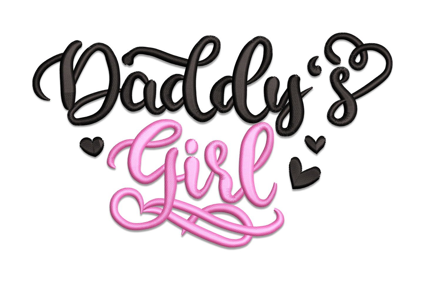 Daddy's Girl embroidery design with 'Daddy's' in large black flowing script where the apostrophe forms a small heart, and 'Girl' in pink cursive with long looping flourishes below.