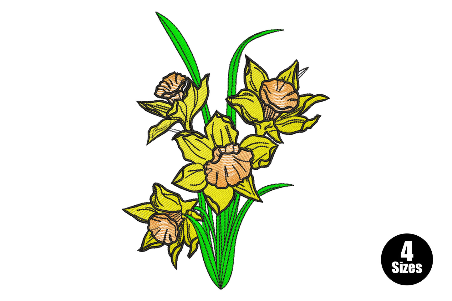Daffodil embroidery, four blooms with yellow petals, peach corona cups, green stems and black botanical outline detail.