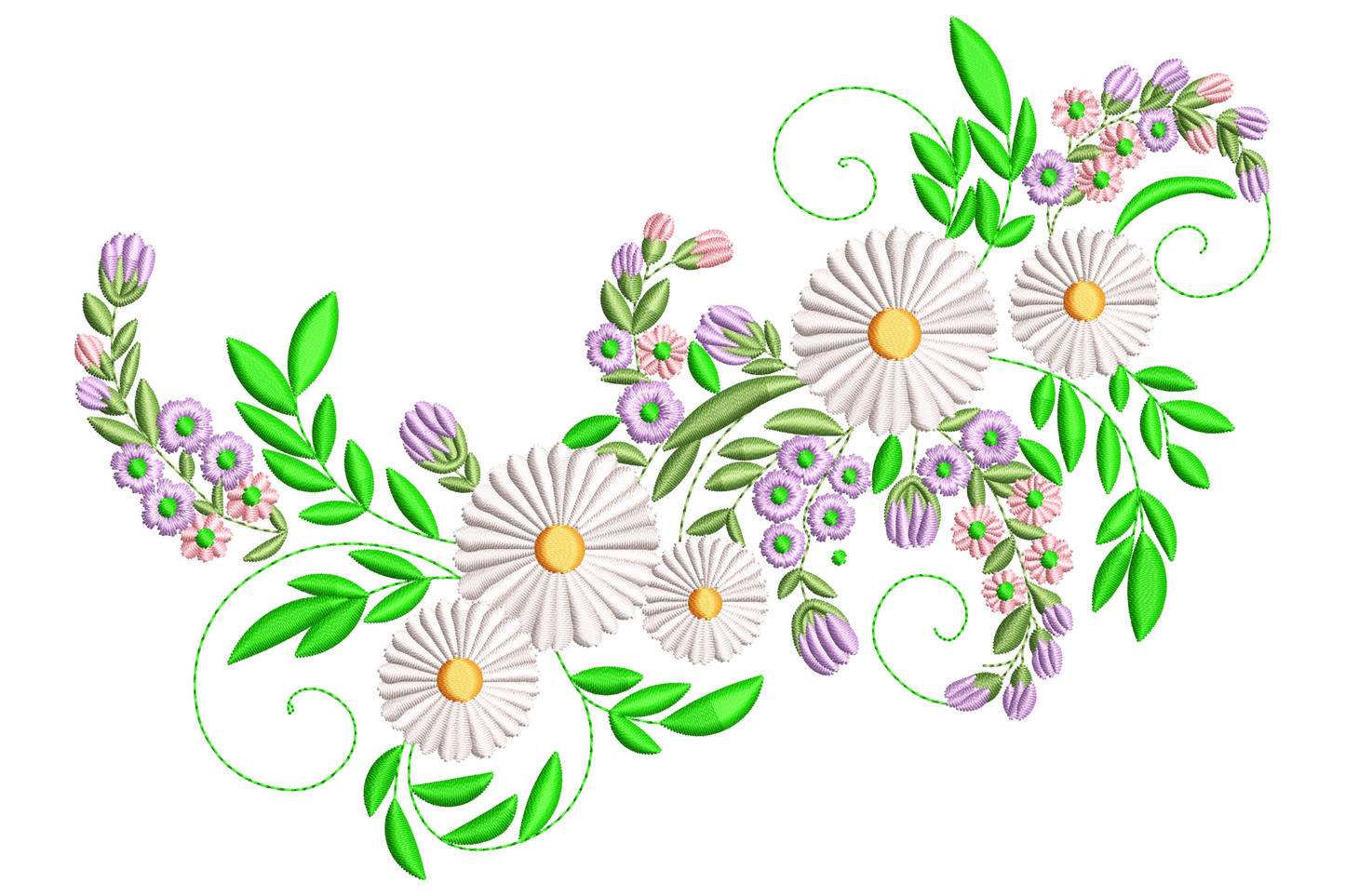Swirling daisy cluster embroidery in 6 colours with botanical stems and leaves on cream linen fabric