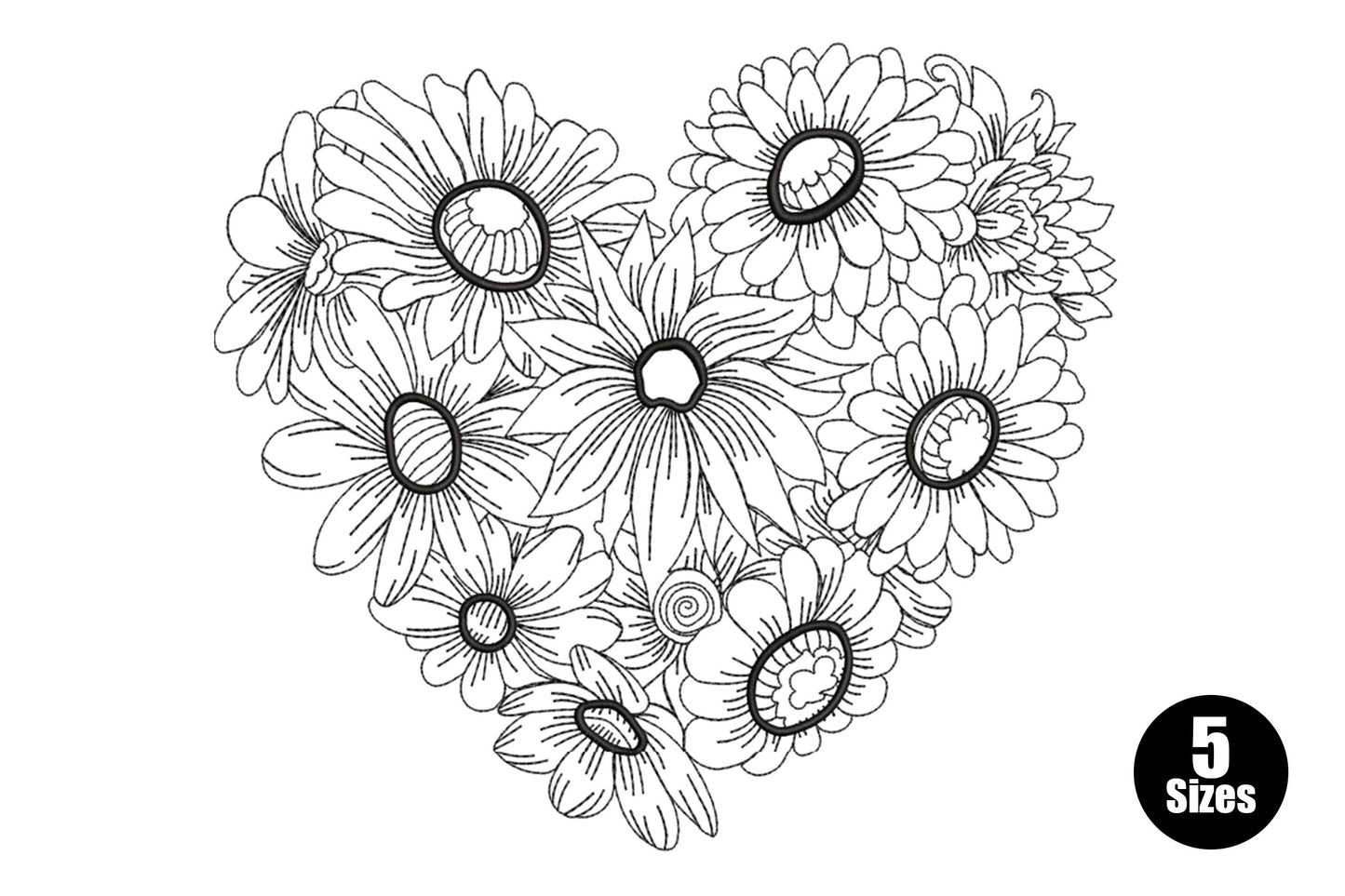 Daisy flower heart outline embroidery design with fine-line black daisy heads packed into a heart shape and a small spiral rosette at the base.