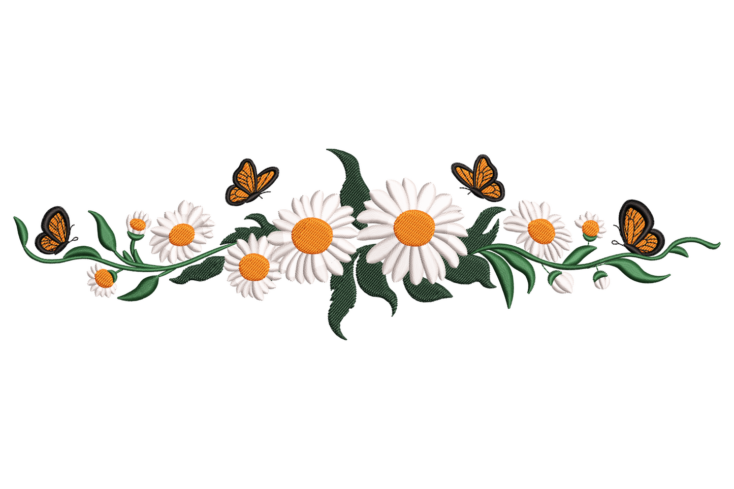 Daisy and butterfly floral border, vertical garland with orange monarch butterflies and white daisy flowers on dark green vine.