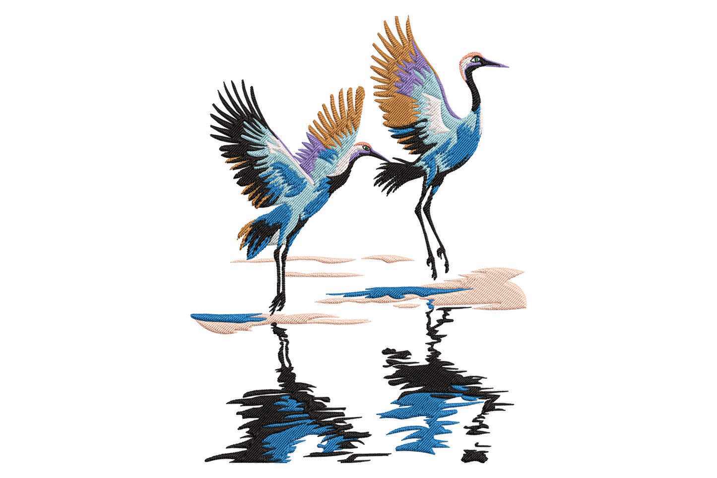 Dancing crane embroidery design with two red-crowned cranes mid-dance, blue and amber wings, water reflections in soft stitching.