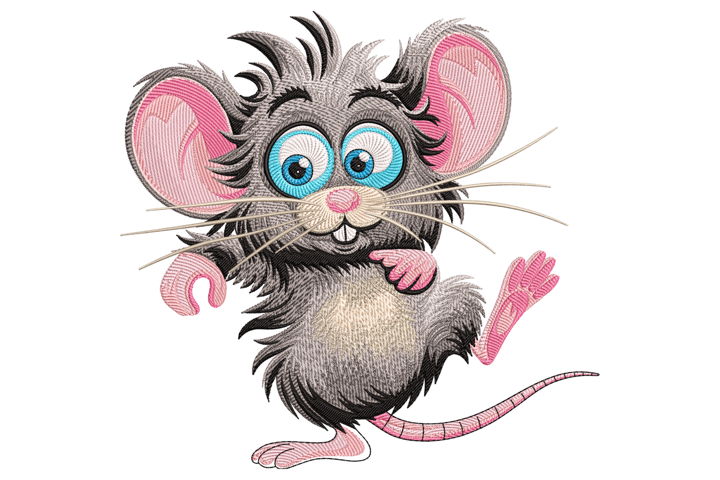 Dancing mouse cartoon embroidery design with charcoal grey fur, pink ears, big blue eyes and a curly tail mid-dance pose