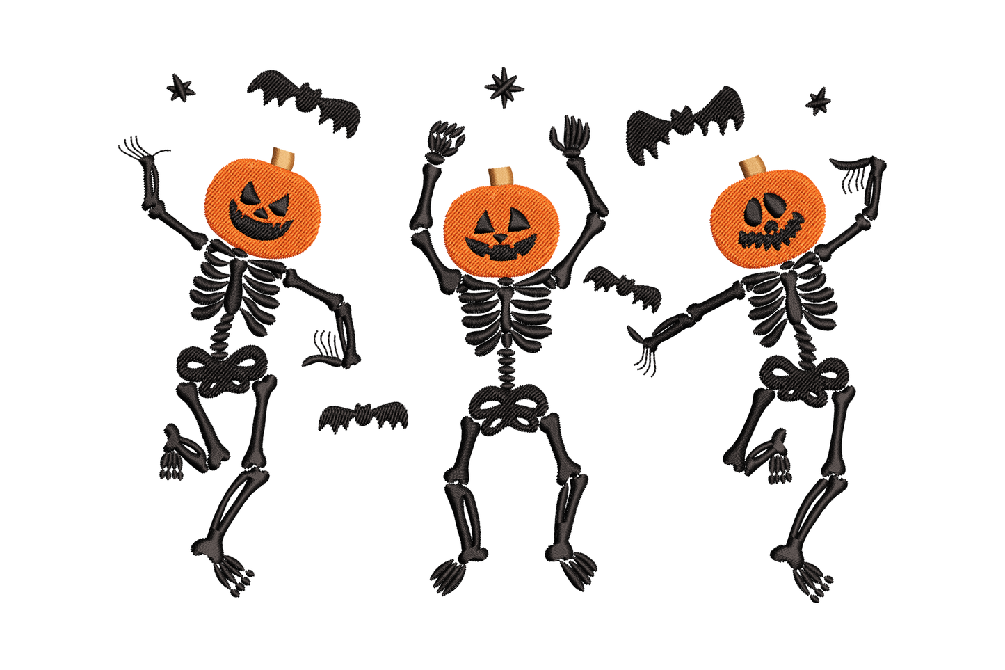 Three dancing skeleton figures with orange jack-o-lantern pumpkin heads, arms raised, surrounded by small bats and stars.