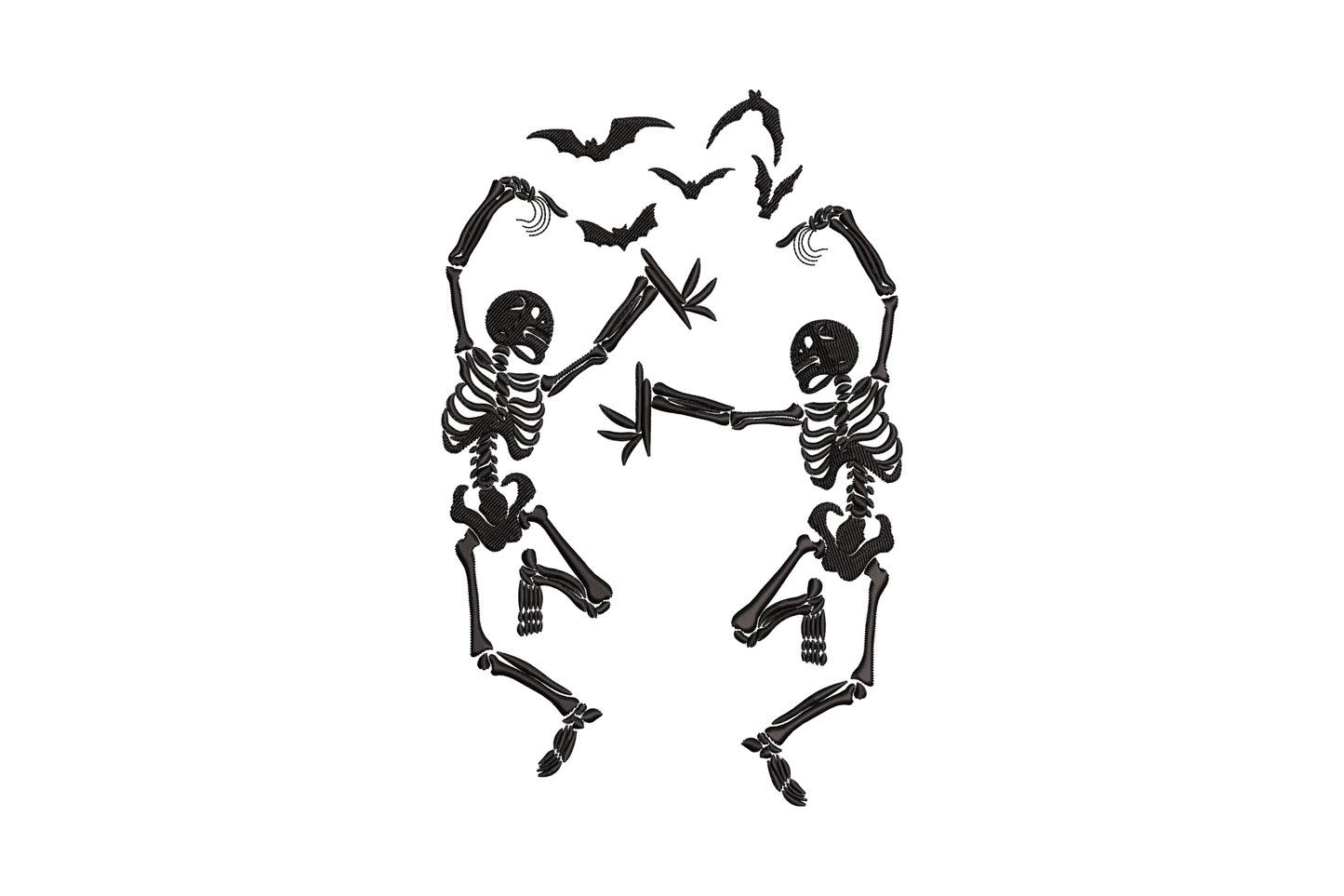 Two dancing skeleton figures facing each other with arms raised in a mirrored pose and five bats arcing above them, single black colour.