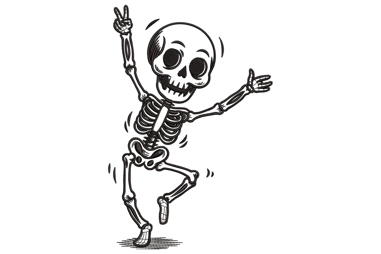 Single-colour line art skeleton in a joyful dancing pose, arms raised and one knee lifted, stark white on dark background, clean satin stitch detail.