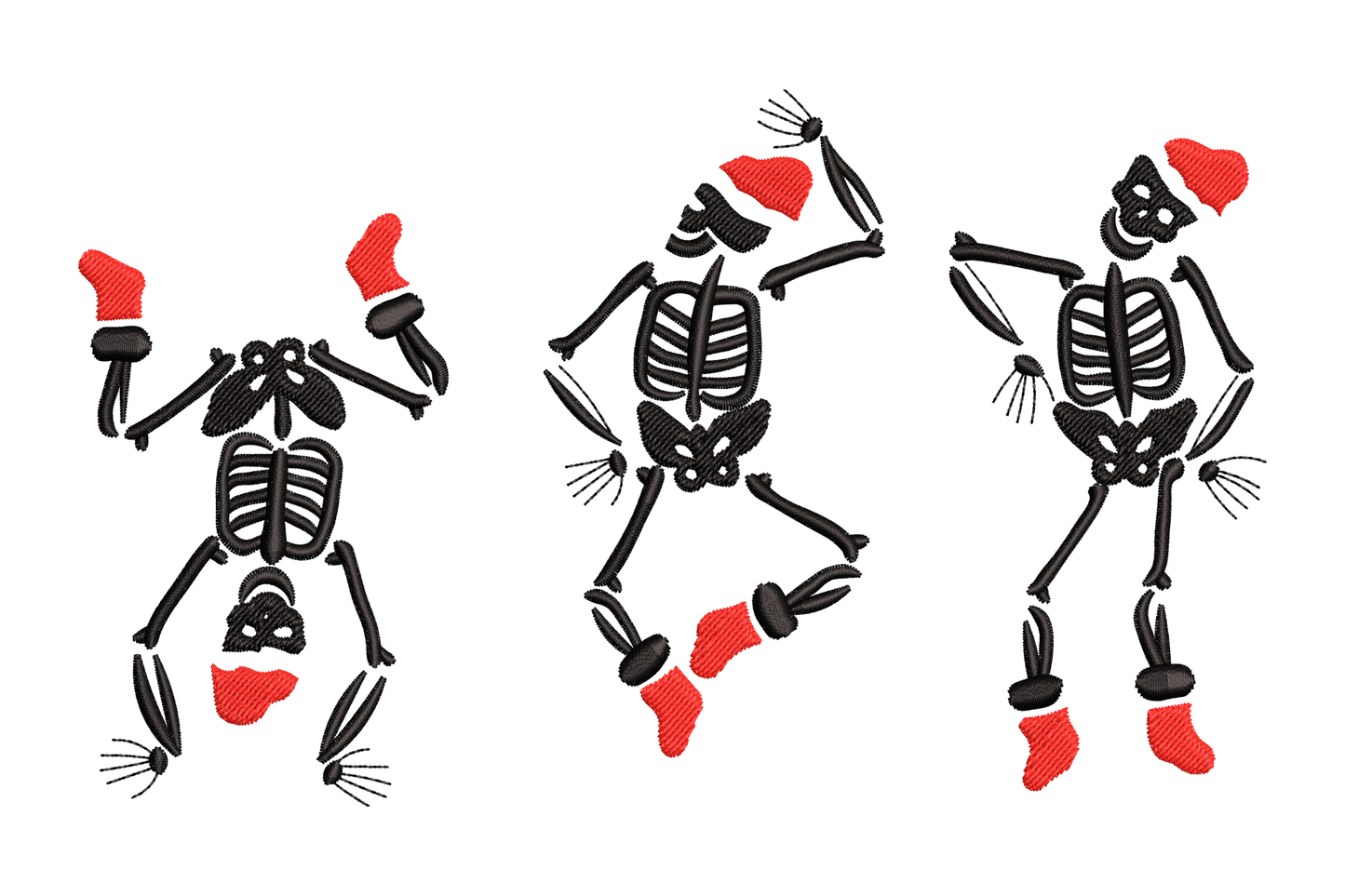 Dancing skeleton trio embroidery in red Santa caps and boots, three goofy poses in scribble outline.