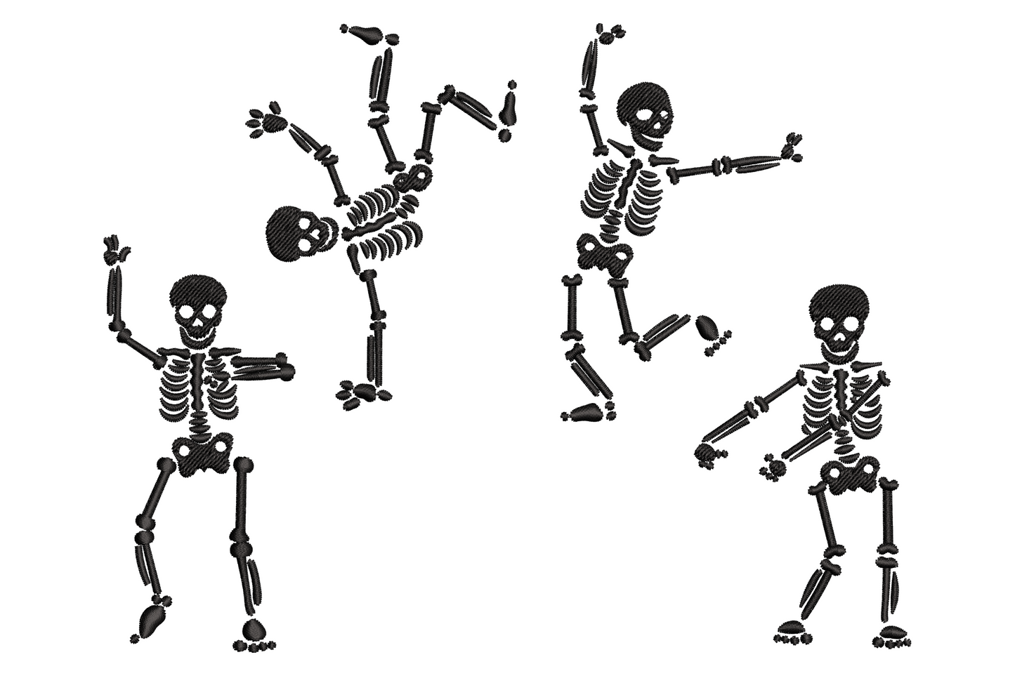 Four halloween dancing skeletons in cartoony poses with hollow eye sockets and blocky bones in black thread