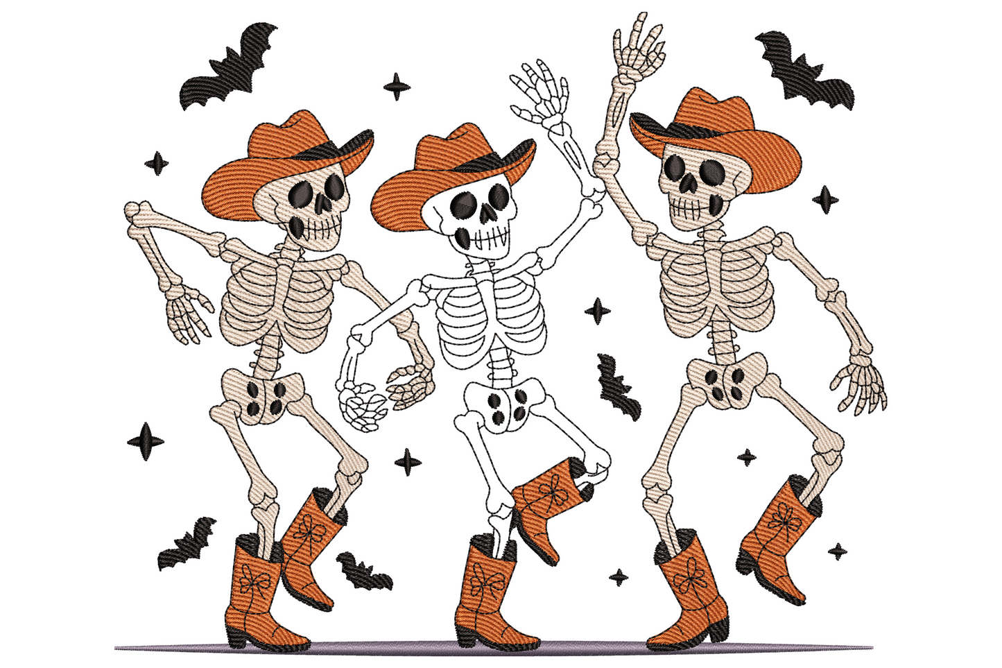 Dancing skeletons embroidery design with three full-body skeletons in cowboy hats and boots surrounded by bats and sparkle marks.