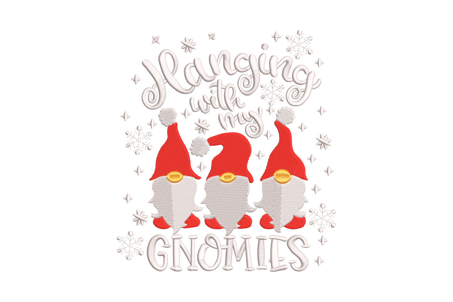 Hanging with My Gnomies christmas embroidery quote with trio of gnomes in red hats and grey beards with snowflake scatter.