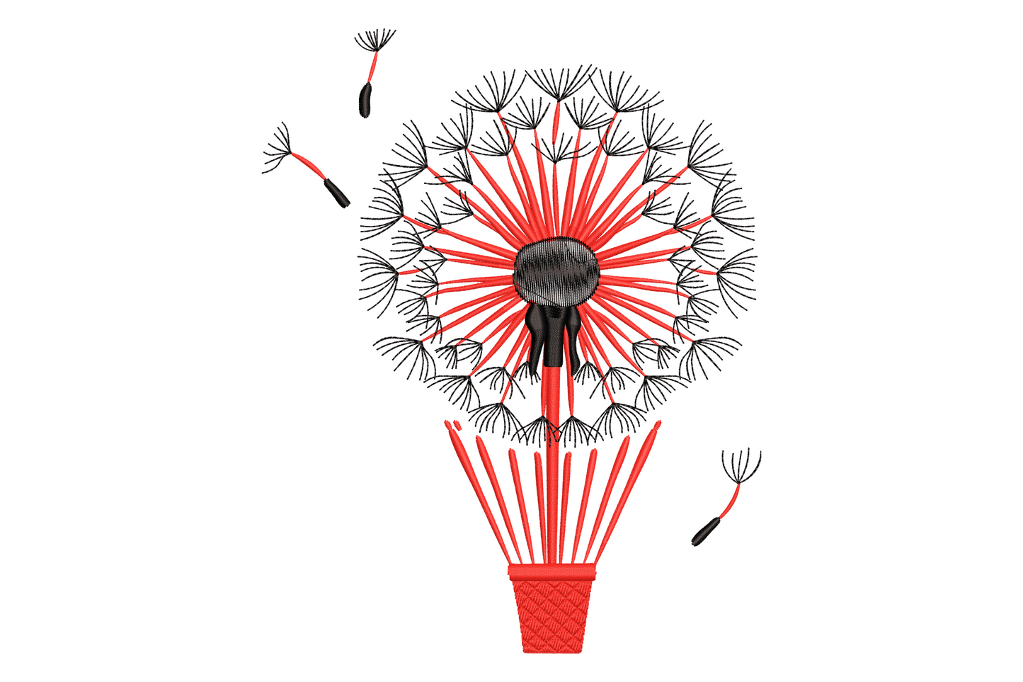 Dandelion seed head shaped as hot air balloon with wispy filaments and small basket, two-colour delicate line art embroidery design on light cotton fabric.
