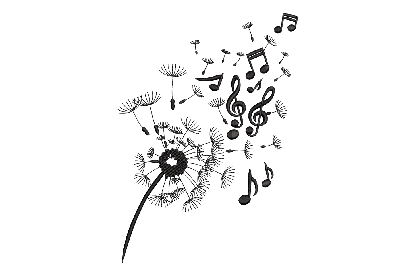 Dandelion blowing music notes and treble clef embroidery design in single black thread