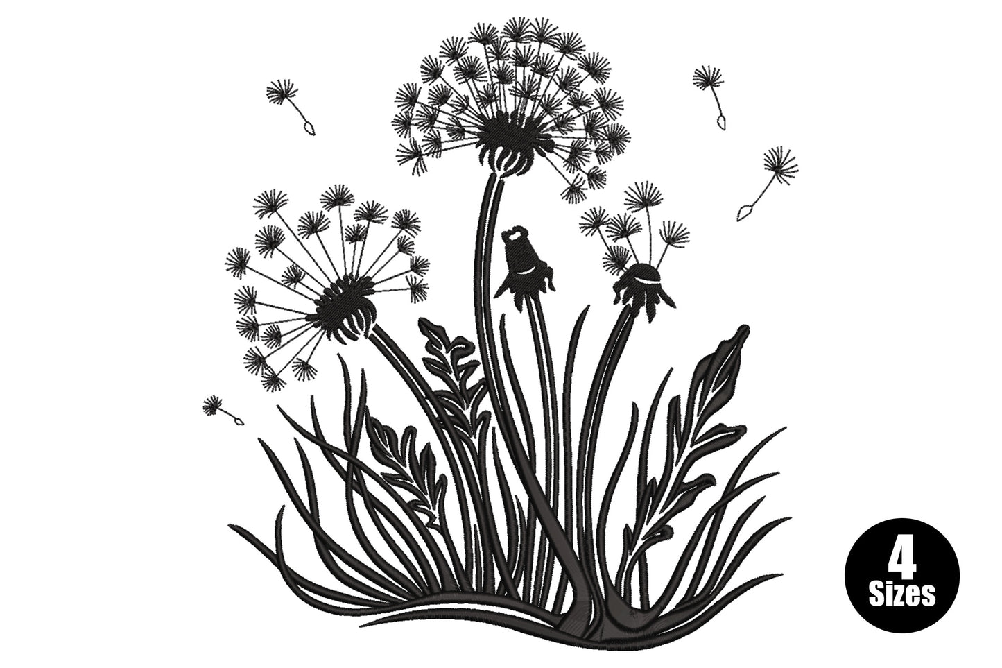 Dandelion silhouette embroidery with three seed heads, floating seeds and grass base, fine black linear stitching on white.