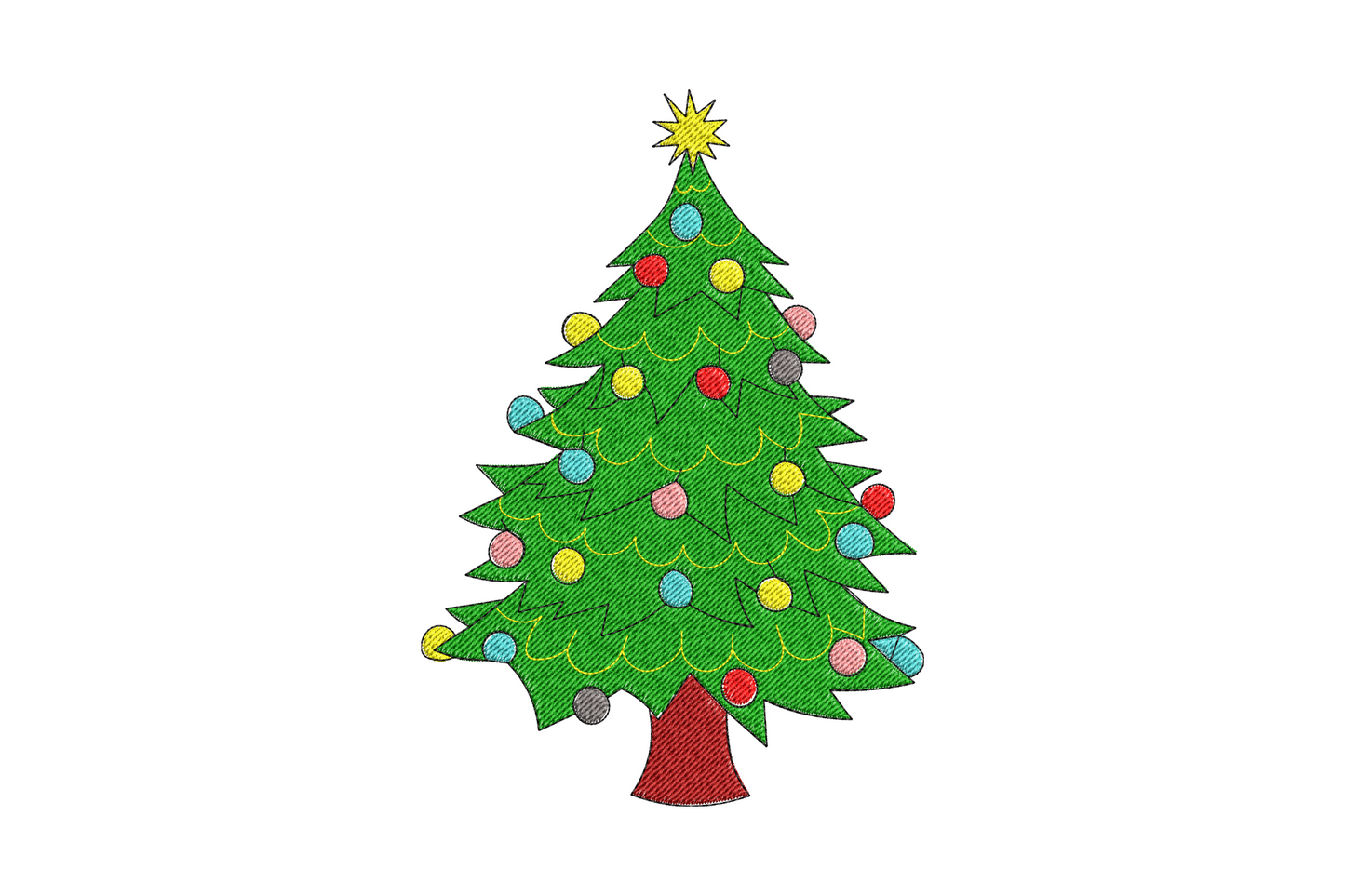 Decorated Christmas tree embroidery design, classic green tree with coloured ball ornaments, red pot base and gold star topper