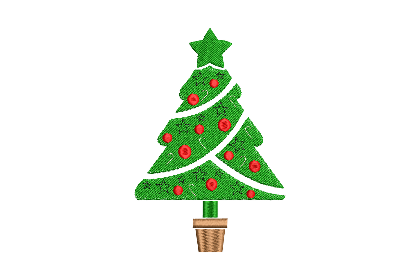Classic decorated Christmas tree with red and gold ornaments, tinsel and a gold star topper, machine embroidery design, 5 colours, 3 sizes from 3.5 to 5.5 inches wide