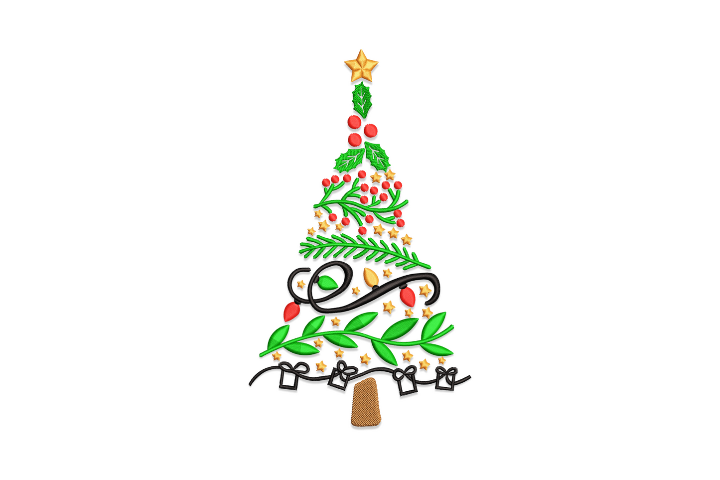 Decorative Christmas tree embroidery from botanical sprigs, red berries, black ribbon, gift boxes and a gold star.