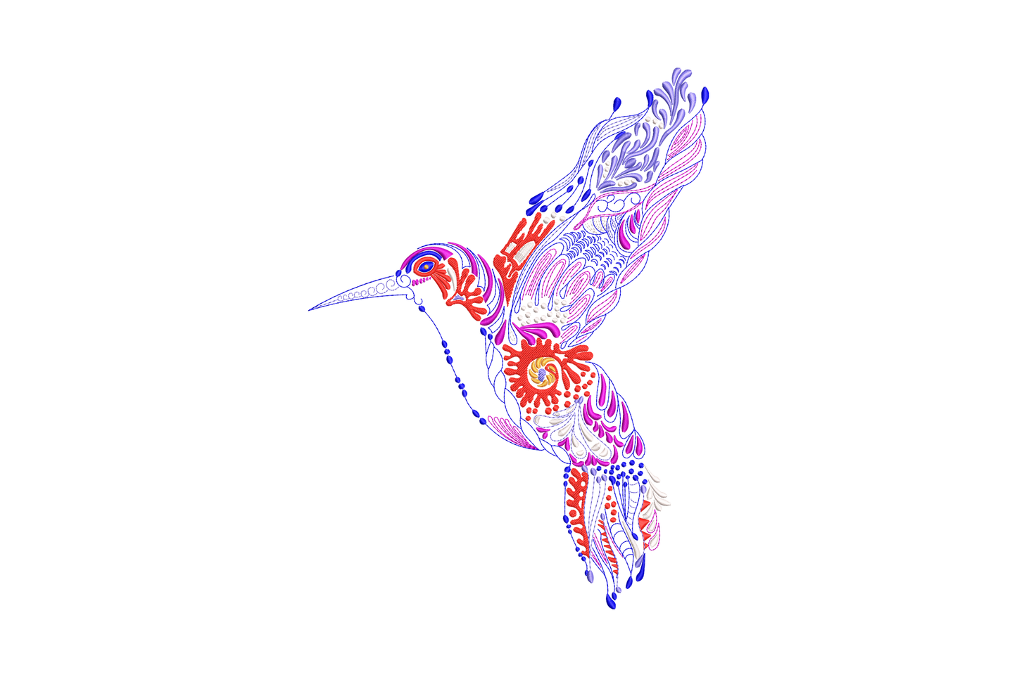 Decorative hummingbird embroidery in teal green, emerald and ruby red hovering with wings spread and tail feathers fanned.