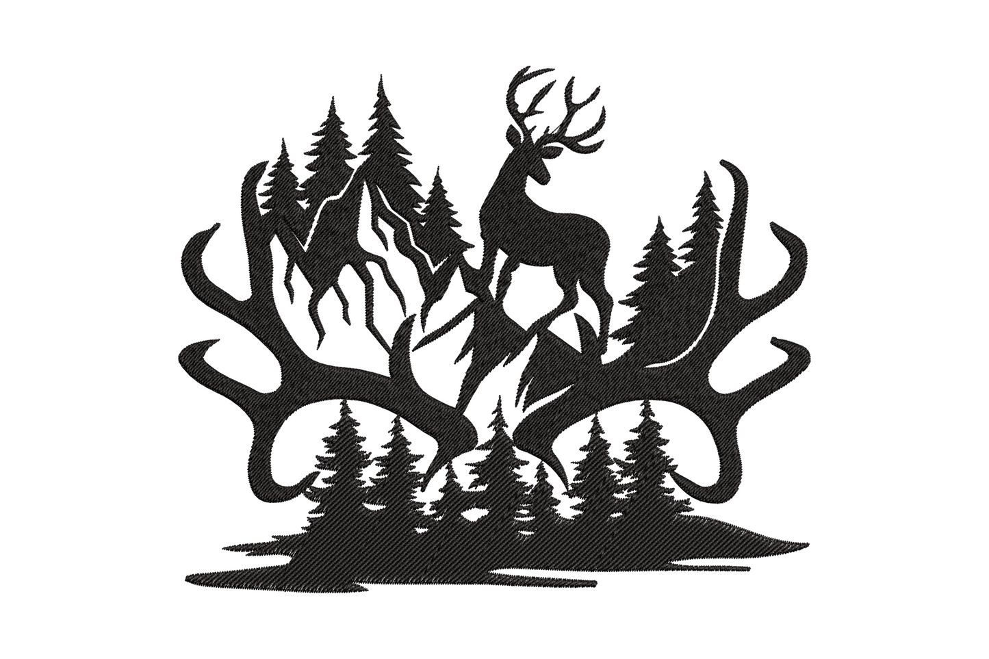 Black embroidery of oversized deer antlers framing a mountain forest scene with a standing buck and pine trees inside