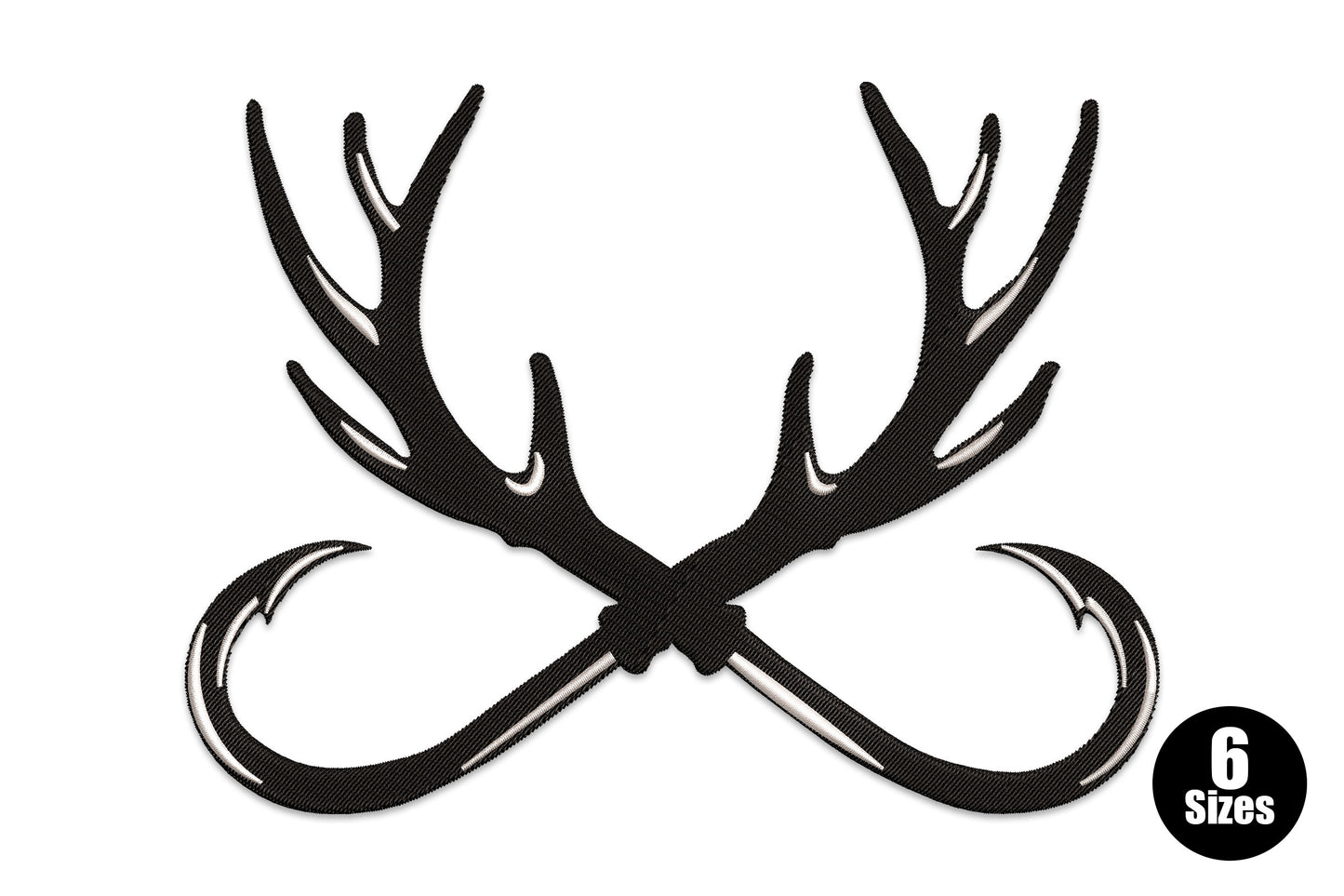 Deer antlers and fishing hooks embroidery design, wide spread antlers with etched tine detail and two crossed hooks at base, black and white.