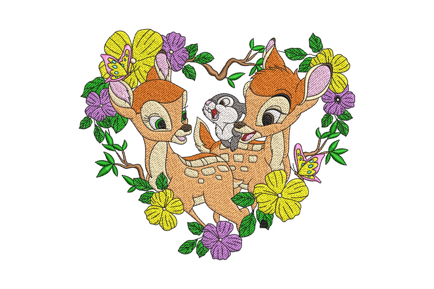 Two cartoon fawns nuzzling with grey bunny inside heart floral wreath, yellow purple blooms, pink butterfly on right.